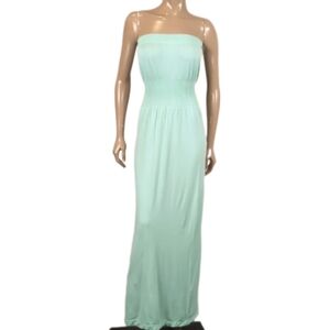 💠YiTong Strapless Maxi Tube Dress Mint Turquoise Smocked Waist Long Sleeveless